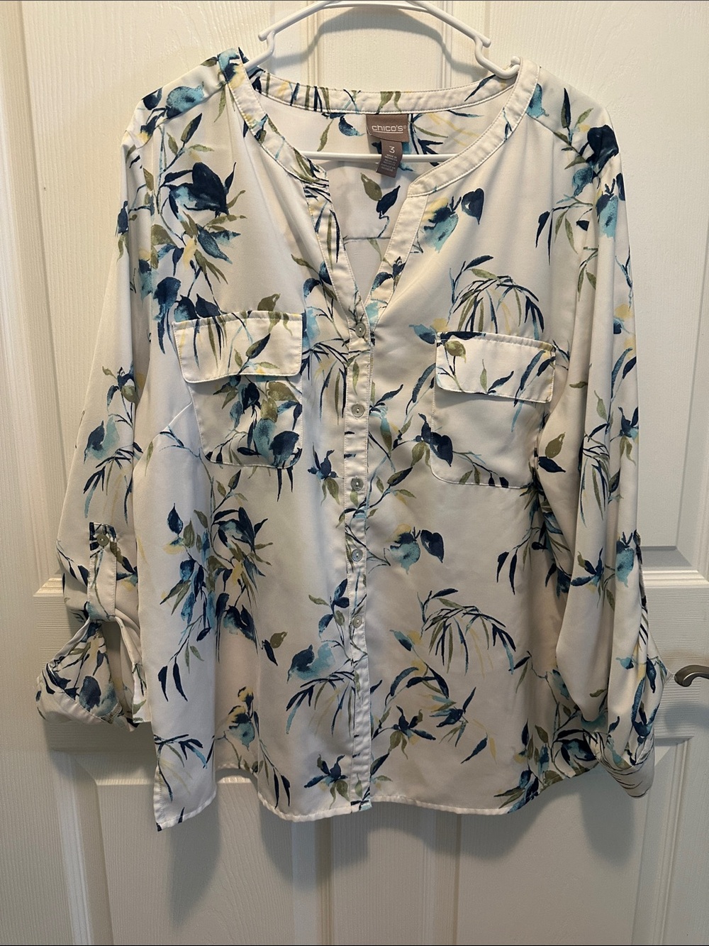 Chico's Cream Blouse with Blue & Green Floral Print